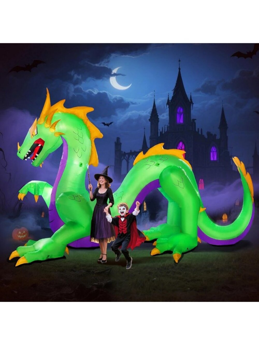 14FT Inflatable Green Dragon Halloween Decor with LED Lights for Yard Display